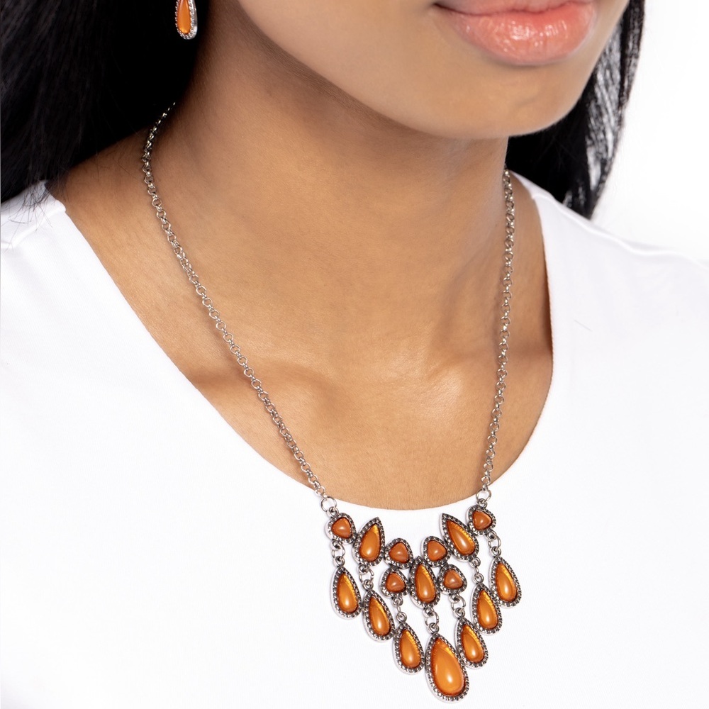 NEW Vintage Orange Moonstone Silver Rhinestone Fringe Necklace & Earrings Set